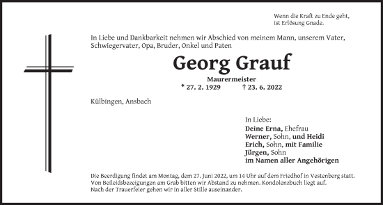 Traueranzeige von Georg Grauf von Ansbach