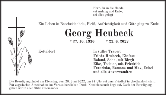 Traueranzeige von Georg Heubeck von Ansbach