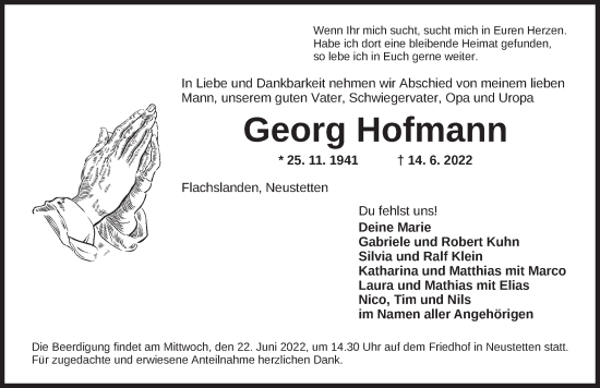 Traueranzeige von Georg Hofmann von Ansbach