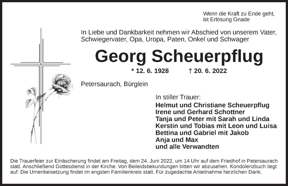  Traueranzeige für Georg Scheuerpflug vom 23.06.2022 aus Ansbach
