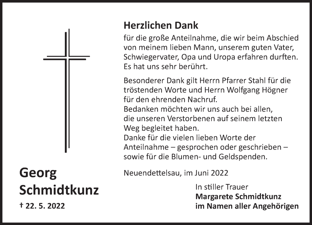  Traueranzeige für Georg Schmidtkunz vom 11.06.2022 aus Ansbach