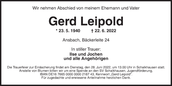 Traueranzeige von Gerd Leipold von Ansbach