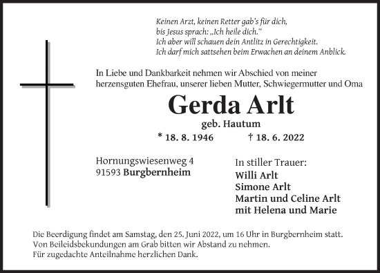 Traueranzeige von Gerda Arlt von Neustadt/ Scheinfeld/ Uffenheim