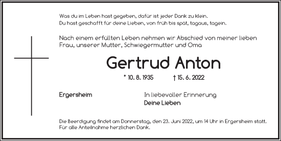 Traueranzeige von Gertrud Anton von Neustadt/ Scheinfeld/ Uffenheim