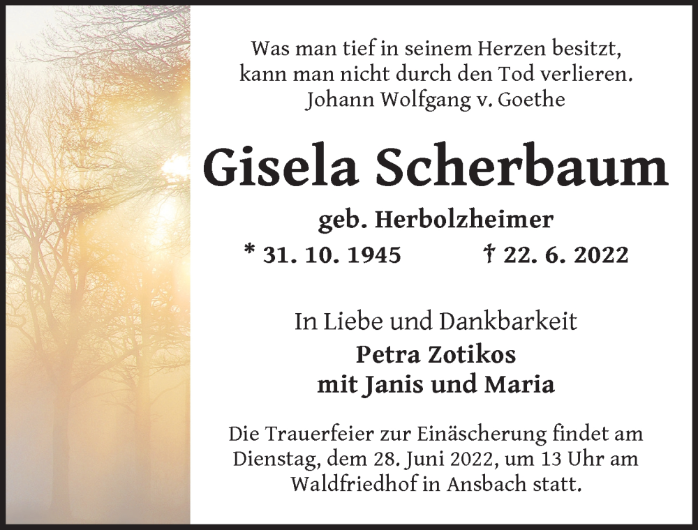  Traueranzeige für Gisela Scherbaum vom 27.06.2022 aus Ansbach