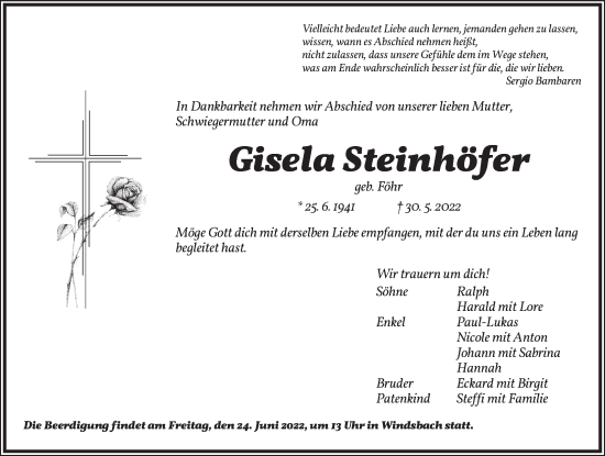 Traueranzeige von Gisela Steinhöfer von Ansbach