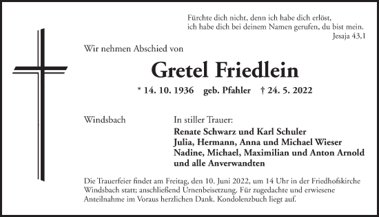 Traueranzeige von Gretel Friedlein von Ansbach