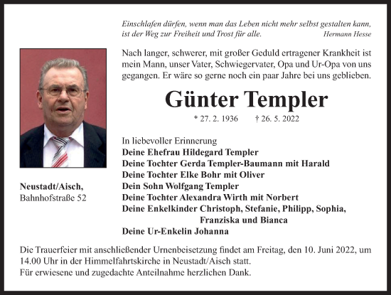 Traueranzeige von Günter Templer von Neustadt/ Scheinfeld/ Uffenheim