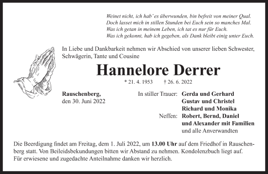 Traueranzeige von Hannelore Derrer von Neustadt/ Scheinfeld/ Uffenheim