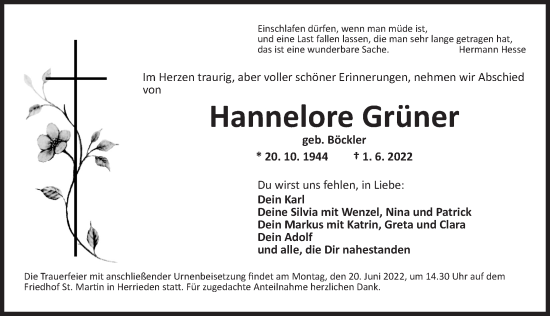 Traueranzeige von Hannelore Grüner von Ansbach