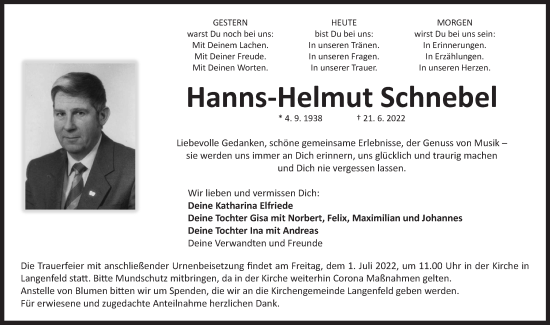 Traueranzeige von Hanns-Helmut Schnebel von Neustadt/ Scheinfeld/ Uffenheim