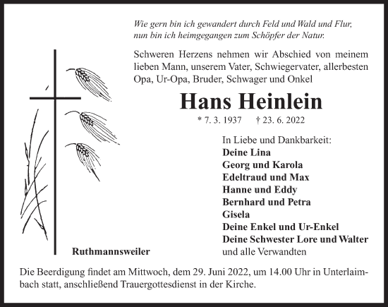 Traueranzeige von Hans Heinlein von Neustadt/ Scheinfeld/ Uffenheim