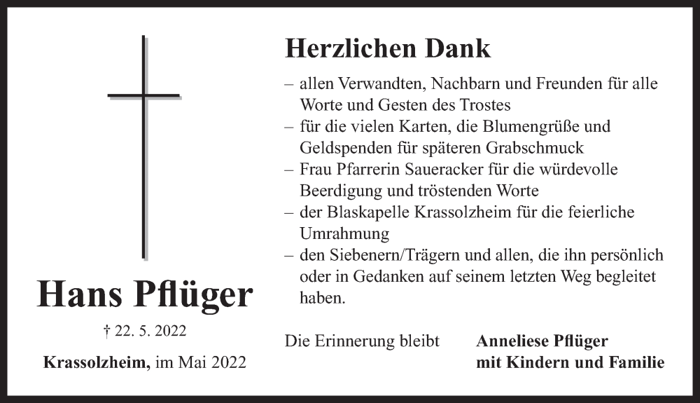  Traueranzeige für Hans Pflüger vom 04.06.2022 aus Neustadt/ Scheinfeld/ Uffenheim