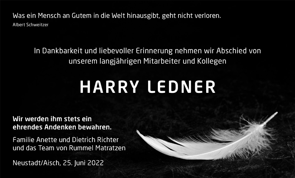  Traueranzeige für Harry Ledner vom 25.06.2022 aus Neustadt/ Scheinfeld/ Uffenheim