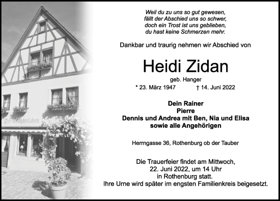 Traueranzeige von Heidi Zidan von Rothenburg