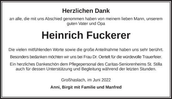 Traueranzeige von Heinrich Fuckerer von Ansbach