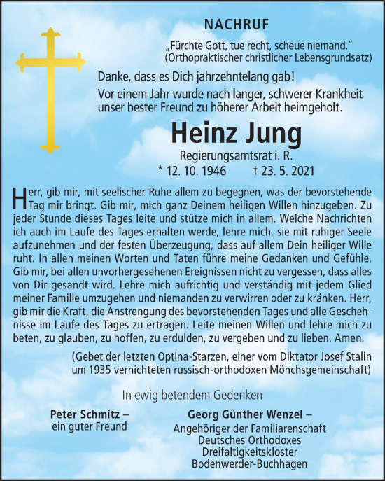 Traueranzeige von Heinz Jung von Ansbach