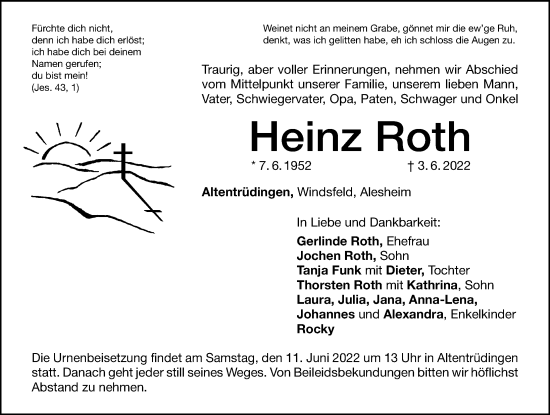 Traueranzeige von Heinz Roth von Dinkelsbühl/ Feuchtwangen