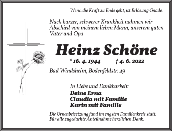 Traueranzeige von Heinz Schöne von Neustadt/ Scheinfeld/ Uffenheim