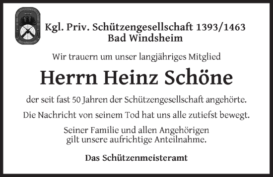 Traueranzeige von Heinz Schöne von Neustadt/ Scheinfeld/ Uffenheim