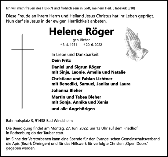 Traueranzeige von Helene Röger von Neustadt/ Scheinfeld/ Uffenheim