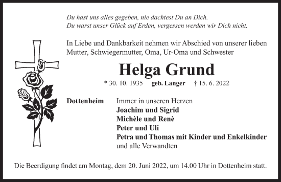 Traueranzeige von Helga Grund von Neustadt/ Scheinfeld/ Uffenheim