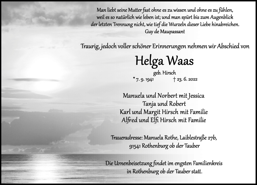  Traueranzeige für Helga Waas vom 29.06.2022 aus Dinkelsbühl/ Feuchtwangen