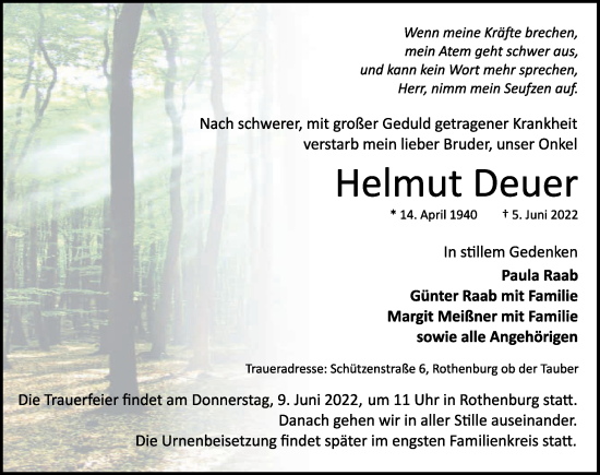 Traueranzeige von Helmut Deuer von Rothenburg
