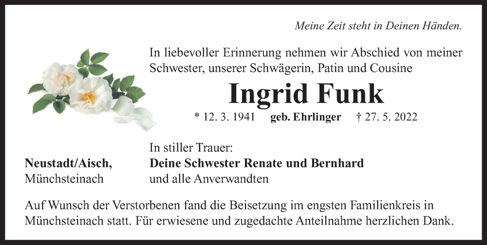  Traueranzeige für Ingrid Funk vom 14.06.2022 aus Neustadt/ Scheinfeld/ Uffenheim