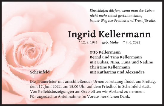 Traueranzeige von Ingrid Kellermann von Neustadt/ Scheinfeld/ Uffenheim