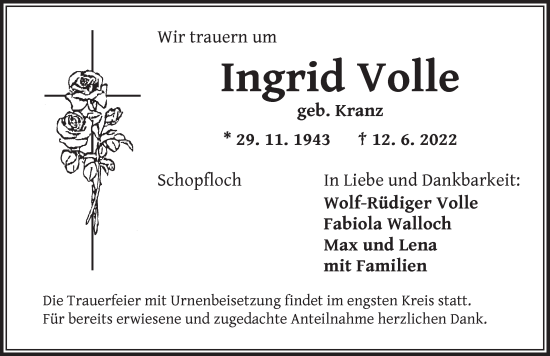 Traueranzeige von Ingrid Volle von Dinkelsbühl/ Feuchtwangen