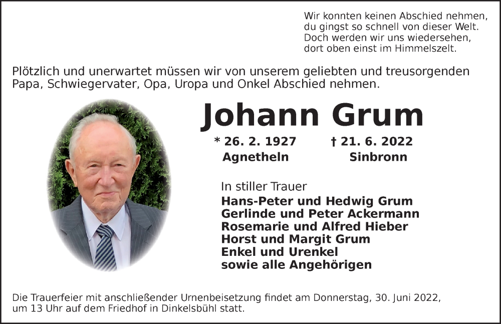  Traueranzeige für Johann Grum vom 28.06.2022 aus Dinkelsbühl/ Feuchtwangen