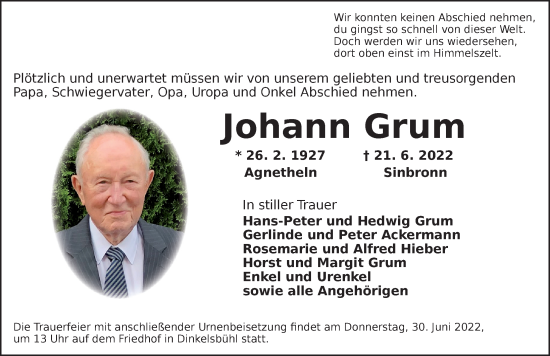 Traueranzeige von Johann Grum von Dinkelsbühl/ Feuchtwangen