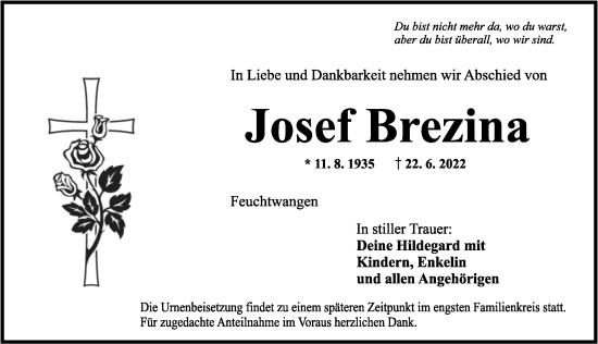 Traueranzeige von Josef Brezina von Dinkelsbühl/ Feuchtwangen