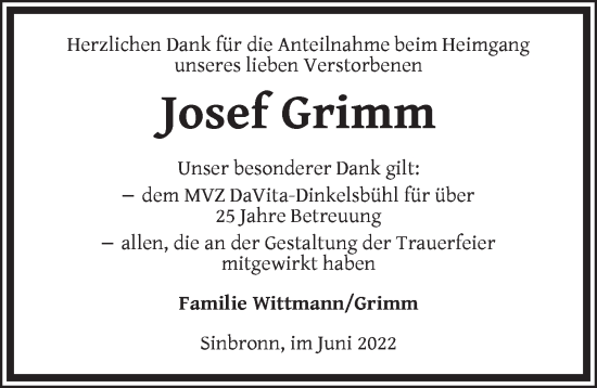 Traueranzeige von Josef Grimm von Dinkelsbühl/ Feuchtwangen