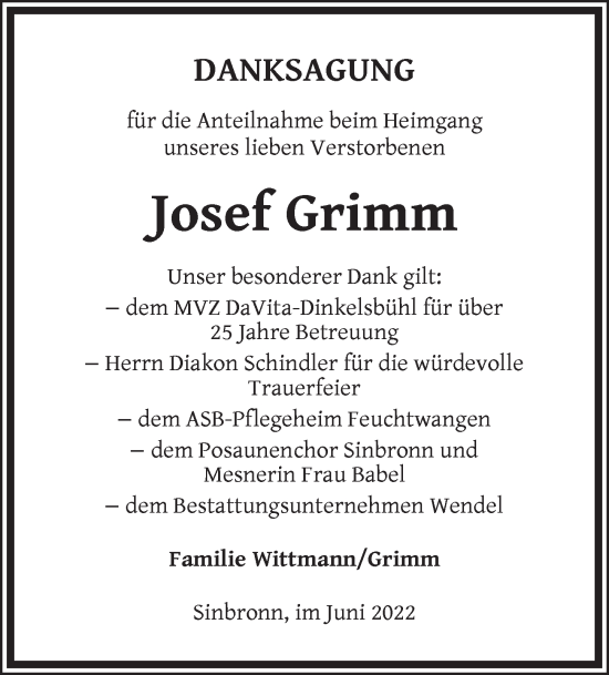 Traueranzeige von Josef Grimm von Ansbach