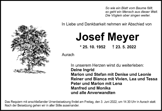 Traueranzeige von Josef Meyer von Ansbach