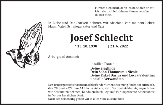 Traueranzeige von Josef Schlecht von Ansbach