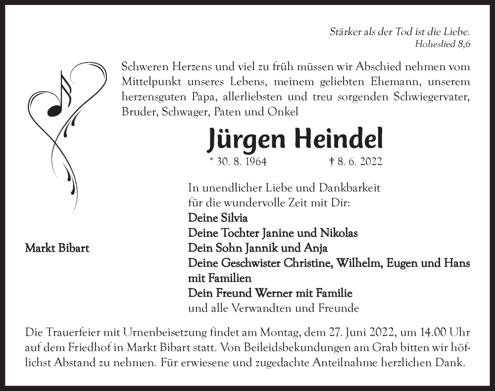  Traueranzeige für Jürgen Heindel vom 25.06.2022 aus Neustadt/ Scheinfeld/ Uffenheim