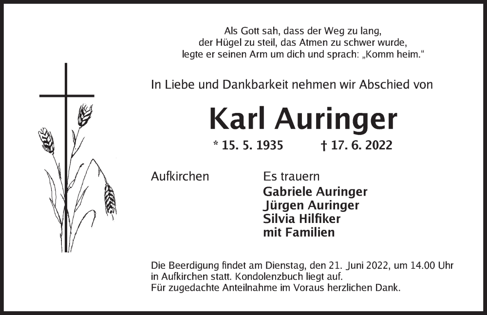  Traueranzeige für Karl Auringer vom 20.06.2022 aus Dinkelsbühl/ Feuchtwangen