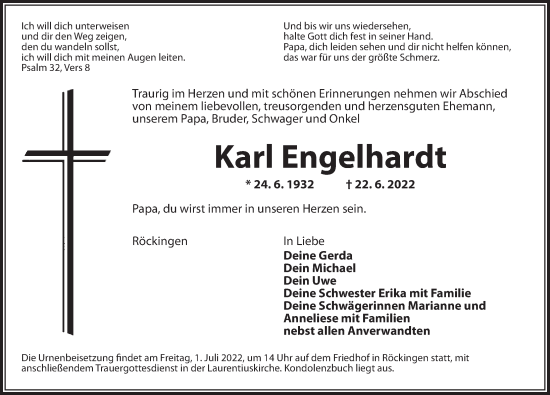 Traueranzeige von Karl Engelhardt von Dinkelsbühl/ Feuchtwangen
