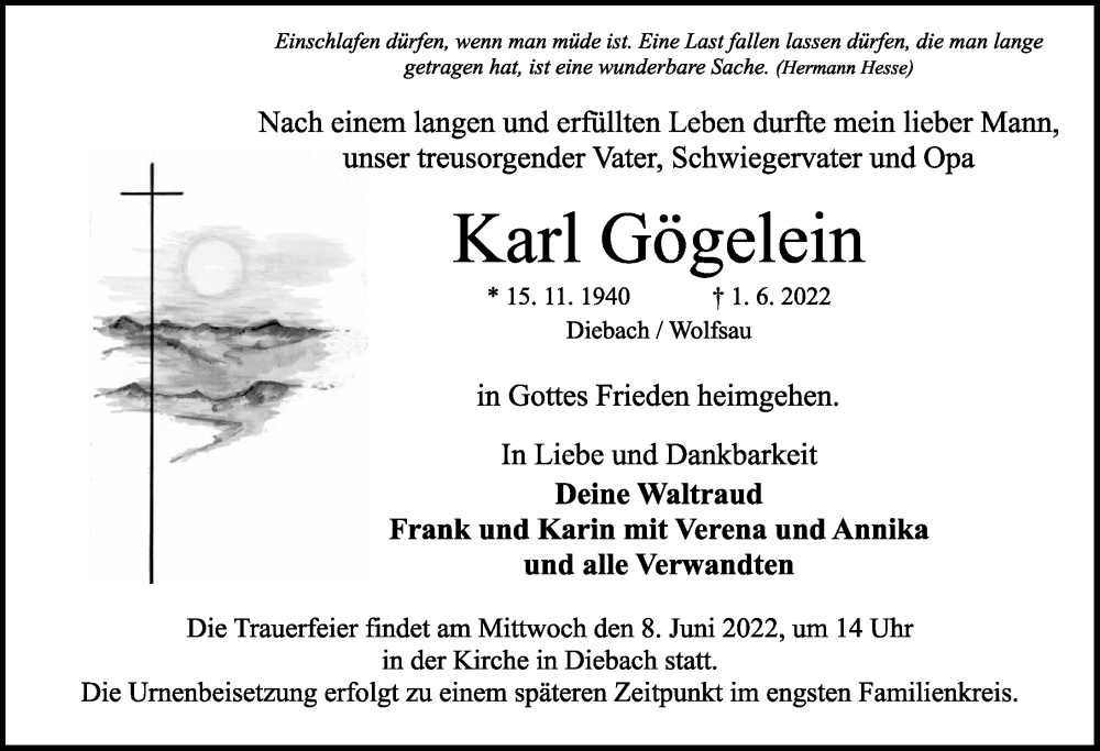  Traueranzeige für Karl Gögelein vom 04.06.2022 aus Rothenburg