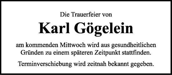 Traueranzeige von Karl Gögelein von Rothenburg