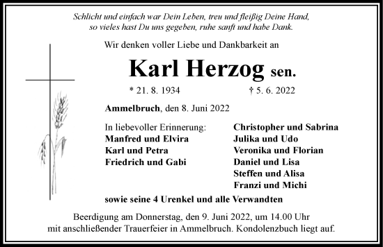 Traueranzeige von Karl Herzog von Dinkelsbühl/ Feuchtwangen