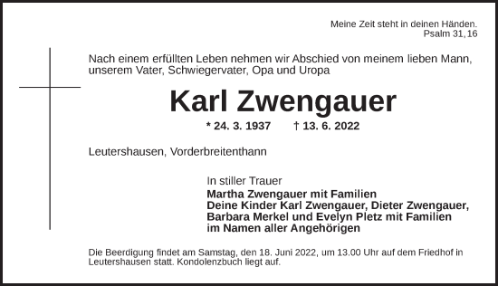Traueranzeige von Karl Zwengauer von Ansbach