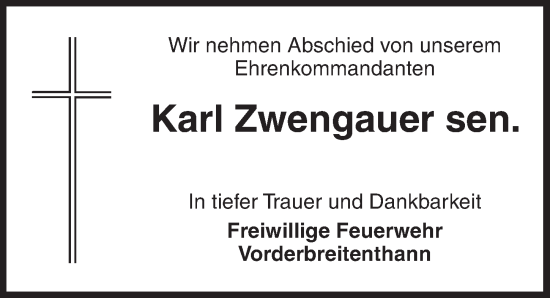 Traueranzeige von Karl Zwengauer von Dinkelsbühl/ Feuchtwangen