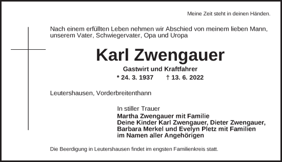 Traueranzeige von Karl Zwengauer von Dinkelsbühl/ Feuchtwangen