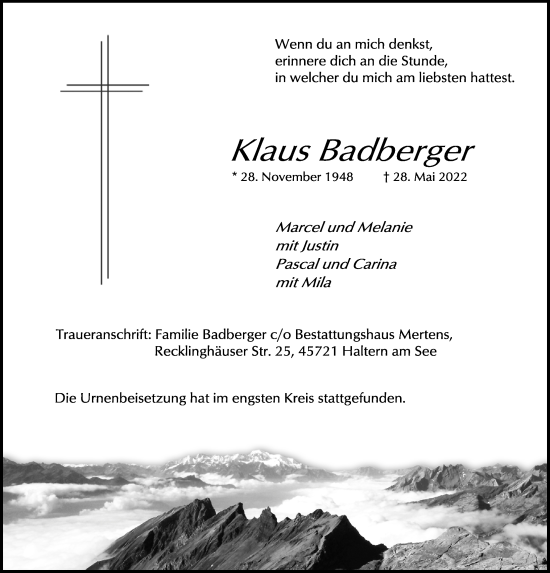 Traueranzeige von Klaus Badberger von Rothenburg