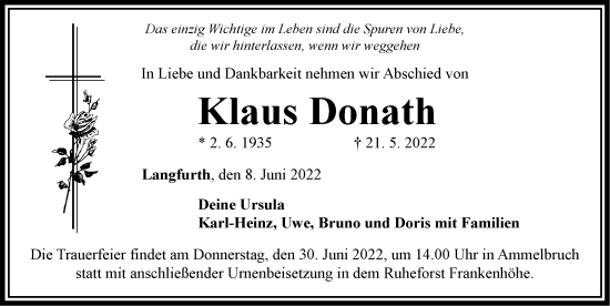 Traueranzeige von Klaus Donath von Dinkelsbühl/ Feuchtwangen