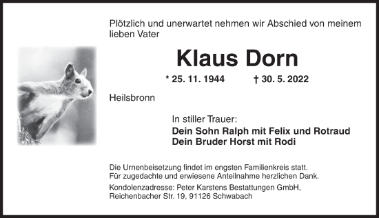 Traueranzeige von Klaus Dorn von Ansbach